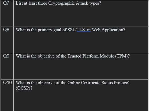 Q7 List At Least Three Cryptographic Attack Types Q8 What Is The Primary Goal Of Ssl Tls In Web Application Q9 What Is 1