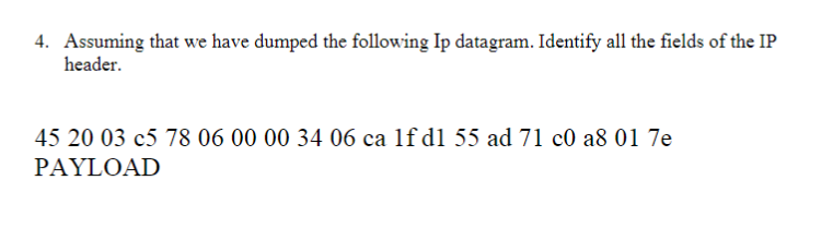 4 Assuming That We Have Dumped The Following Ip Datagram Identify All The Fields Of The Ip Header 45 20 03 C5 78 06 0 1