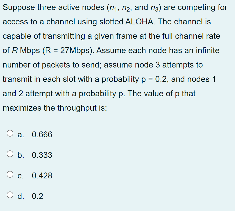 Suppose Three Active Nodes N1 N2 And N3 Are Competing For Access To A Channel Using Slotted Aloha The Channel Is Ca 1