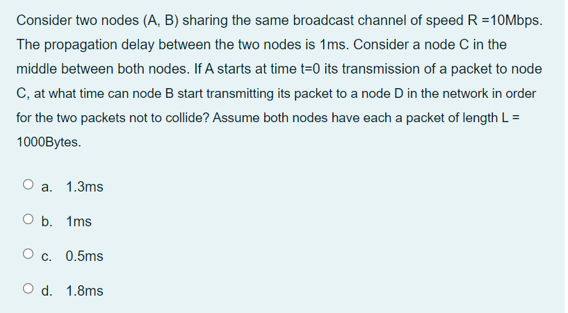 Consider Two Nodes A B Sharing The Same Broadcast Channel Of Speed R 10mbps The Propagation Delay Between The Two N 1