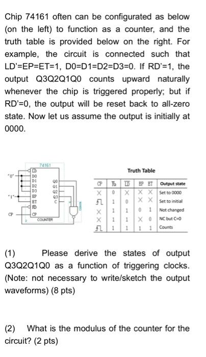 Chip 74161 Often Can Be Configurated As Below On The Left To Function As A Counter And The Truth Table Is Provided Be 1