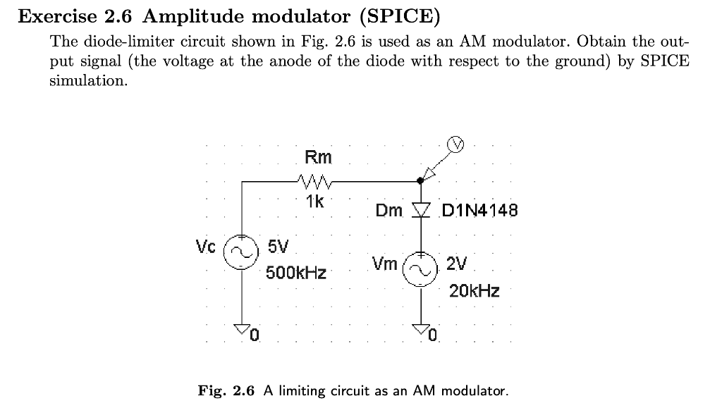 Exercise 2 6 Amplitude Modulator Spice The Diode Limiter Circuit Shown In Fig 2 6 Is Used As An Am Modulator Obtain 1