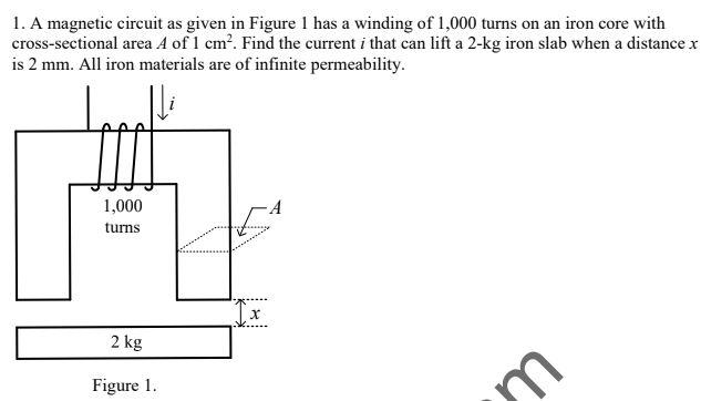 1 A Magnetic Circuit As Given In Figure 1 Has A Winding Of 1 000 Turns On An Iron Core With Cross Sectional Area A Of 1 1