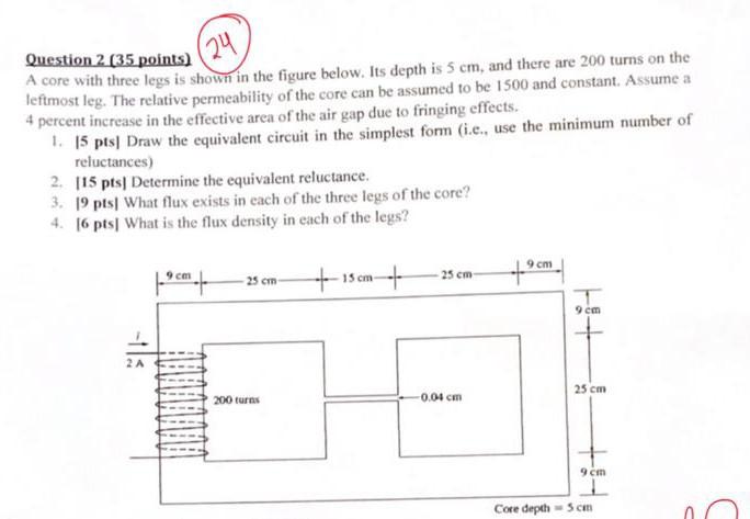 24 Question 2 35 Points A Core With Three Legs Is Shown In The Figure Below Its Depth Is 5 Cm And There Are 200 Tur 1