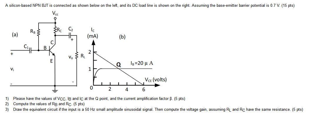 A Silicon Based Npn Bjt Is Connected As Shown Below On The Left And Its Dc Load Line Is Shown On The Right Assuming Th 1