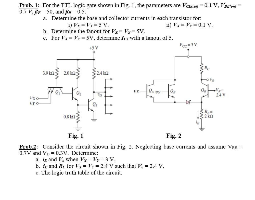 Prob 1 For The Ttl Logic Gate Shown In Fig 1 The Parameters Are V Ce Sat 0 1 V V Be On 0 7 V Be 50 And Br 1