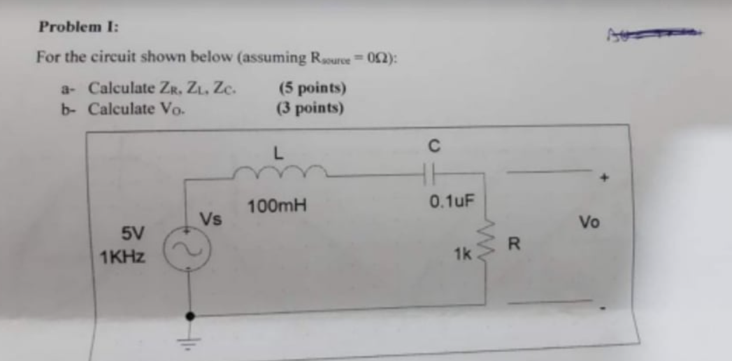 Problem I For The Circuit Shown Below Assuming Resource 002 A Calculate Zr Zl Zc 5 Points B Calculate Vo 3 1