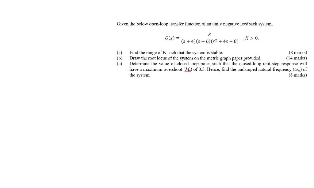 Given The Below Open Loop Transfer Function Of An Unity Negative Feedback System G S K S 4 5 6 S2 4s 8 1