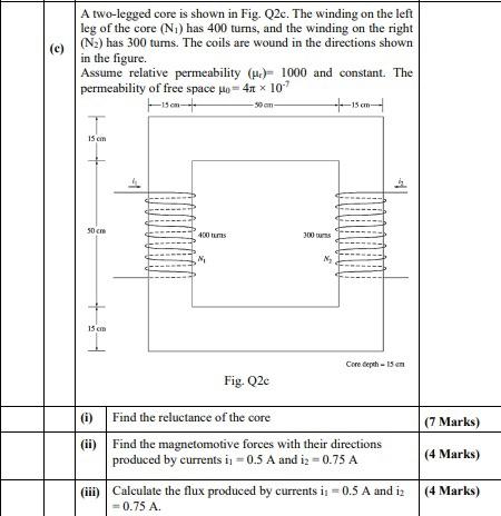C A Two Legged Core Is Shown In Fig Q2c The Winding On The Left Leg Of The Core Ni Has 400 Turns And The Winding 1