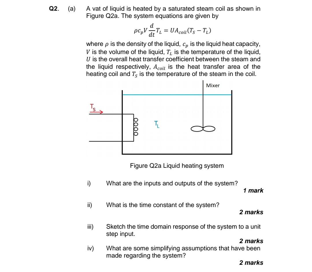 Q2 A A Vat Of Liquid Is Heated By A Saturated Steam Coil As Shown In Figure Q2a The System Equations Are Given By 1