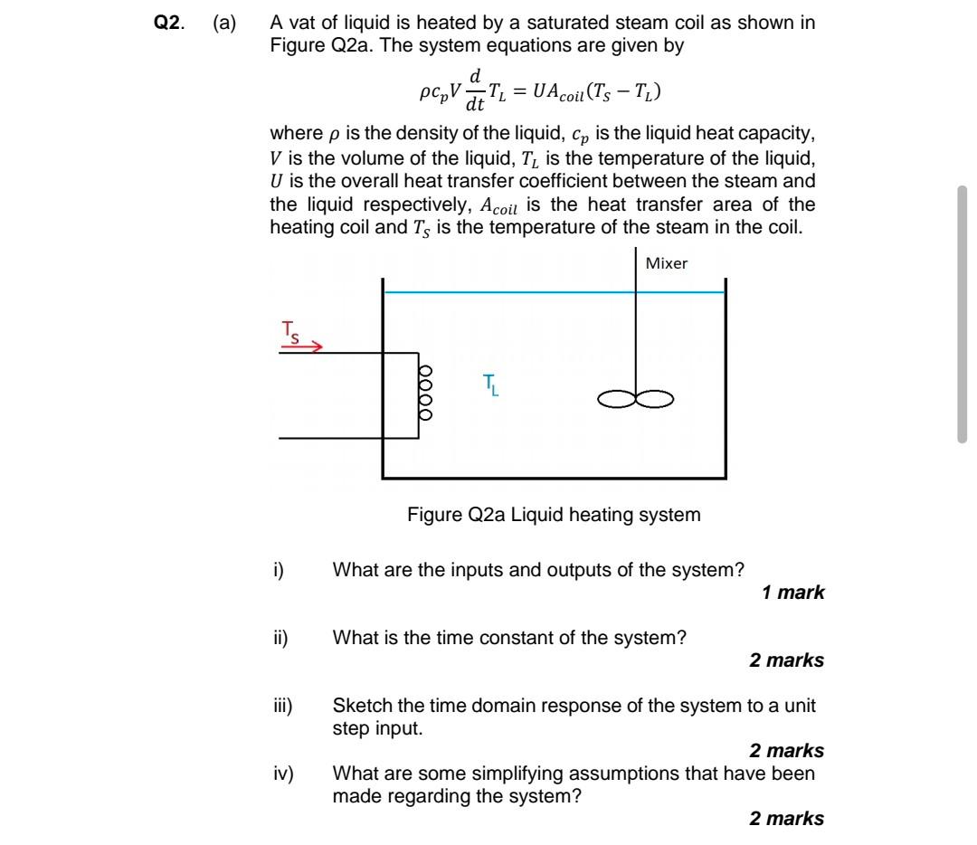 Q2 A Pcp V A Vat Of Liquid Is Heated By A Saturated Steam Coil As Shown In Figure Q2a The System Equations Are Given 1