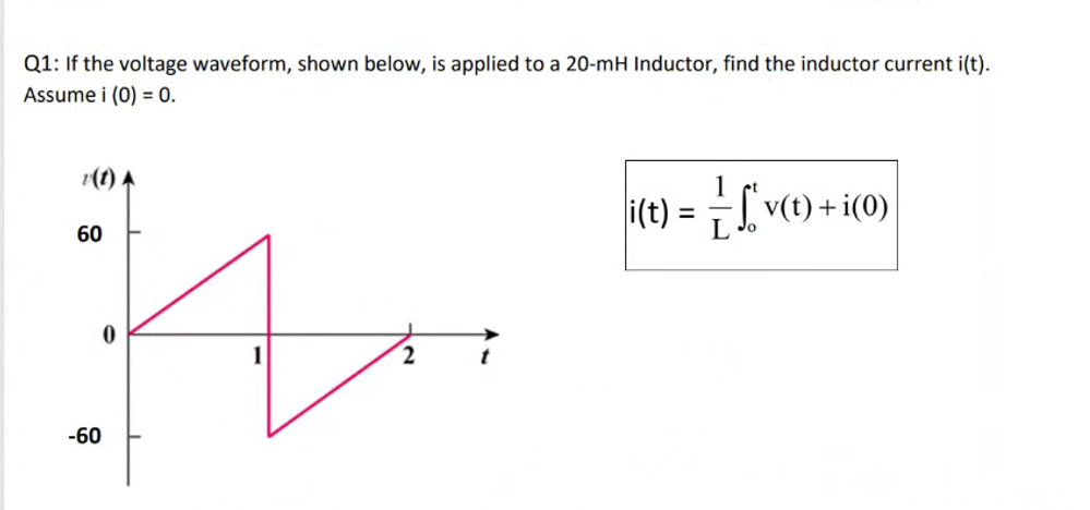 Q1 If The Voltage Waveform Shown Below Is Applied To A 20 Mh Inductor Find The Inductor Current I T Assume I 0 1