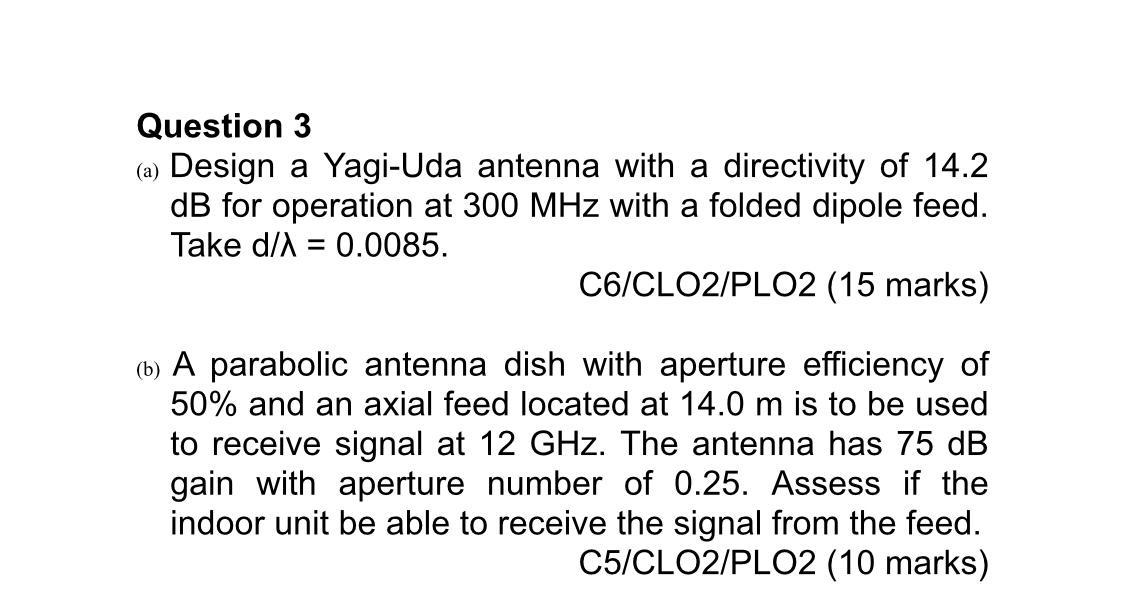 Question 3 A Design A Yagi Uda Antenna With A Directivity Of 14 2 Db For Operation At 300 Mhz With A Folded Dipole Fee 1