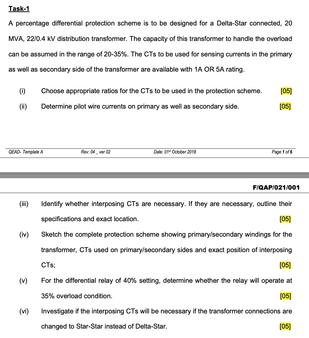 Task 1 A Percentage Differential Protection Scheme Is To Be Designed For A Delta Star Connected 20 Mva 22 0 4 Kv Distr 1
