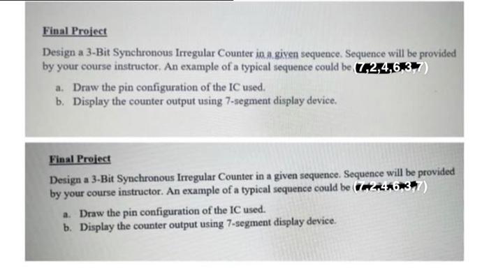 Final Project Design A 3 Bit Synchronous Irregular Counter In A Given Sequence Sequence Will Be Provided By Your Course 1