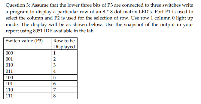 Question 3 Assume That The Lower Three Bits Of P3 Are Connected To Three Switches Write A Program To Display A Particul 1