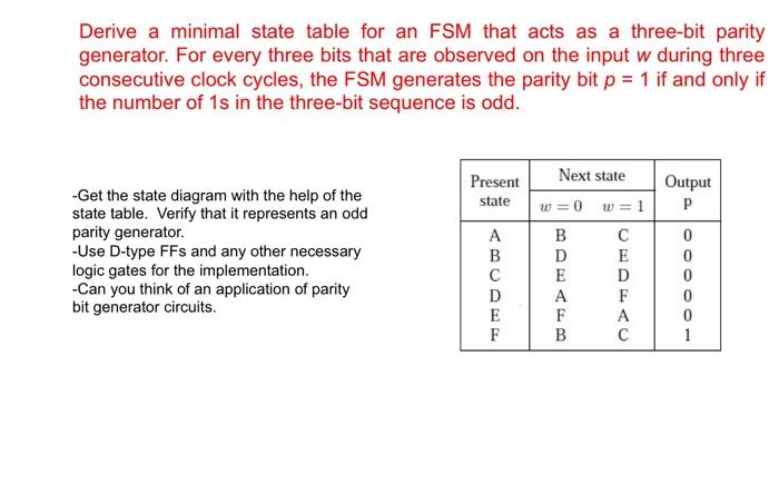 Derive A Minimal State Table For An Fsm That Acts As A Three Bit Parity Generator For Every Three Bits That Are Observe 1