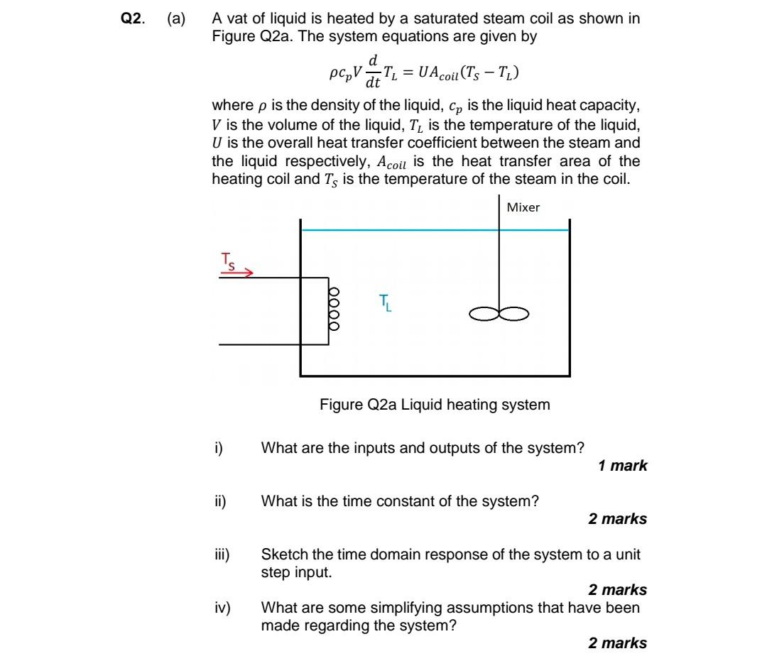 Q2 A Pcov A Vat Of Liquid Is Heated By A Saturated Steam Coil As Shown In Figure Q2a The System Equations Are Give 1