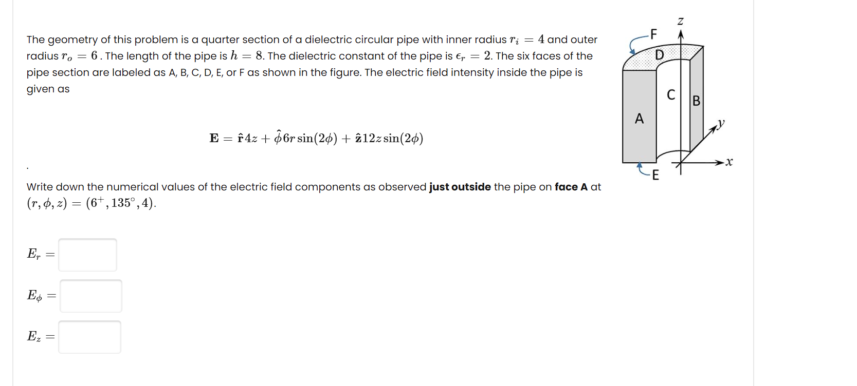 Z D The Geometry Of This Problem Is A Quarter Section Of A Dielectric Circular Pipe With Inner Radius Ri 4 And Outer R 1