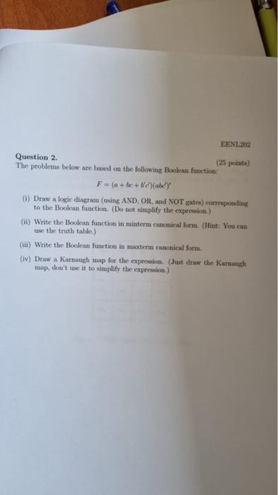 Eenl 2012 Question 2 25 Poin The Problems Below Are Based On The Following Boolean Function F A Be 2 Abely 1 Draw A 1