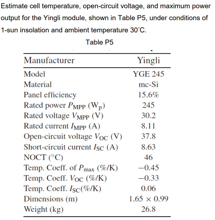 Estimate Cell Temperature Open Circuit Voltage And Maximum Power Output For The Yingli Module Shown In Table P5 Unde 1