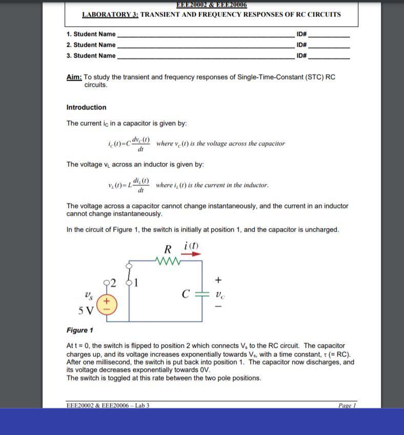 Ebbz0002 Pee20006 Laboratory 3 Transient And Frequency Responses Of Rc Circuits 1 Student Name 2 Student Name 3 Stud 1