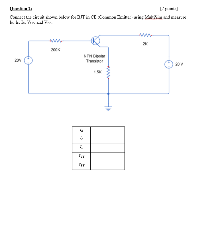 Question 2 7 Points Connect The Circuit Shown Below For Bjt In Ce Common Emitter Using Multisim And Measure Ib Ic 1