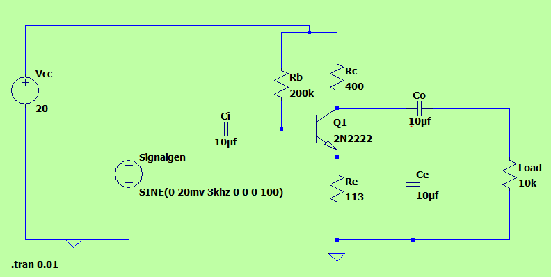 Vcc Rb Rc 400 200k Co 20 Q1 10uf Ci He 10uf 2n2222 Signalgen Ce Load 10k Sine O 20mv 3khz 0 0 0 100 Re 113 10pf Tran 1