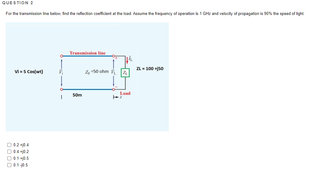 Question 2 For The Transmission Line Below Find The Reflection Coefficient At The Load Assume The Frequency Of Operati 1