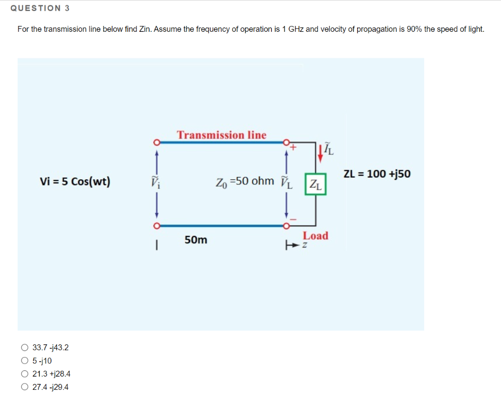 Question 3 For The Transmission Line Below Find Zin Assume The Frequency Of Operation Is 1 Ghz And Velocity Of Propagat 1