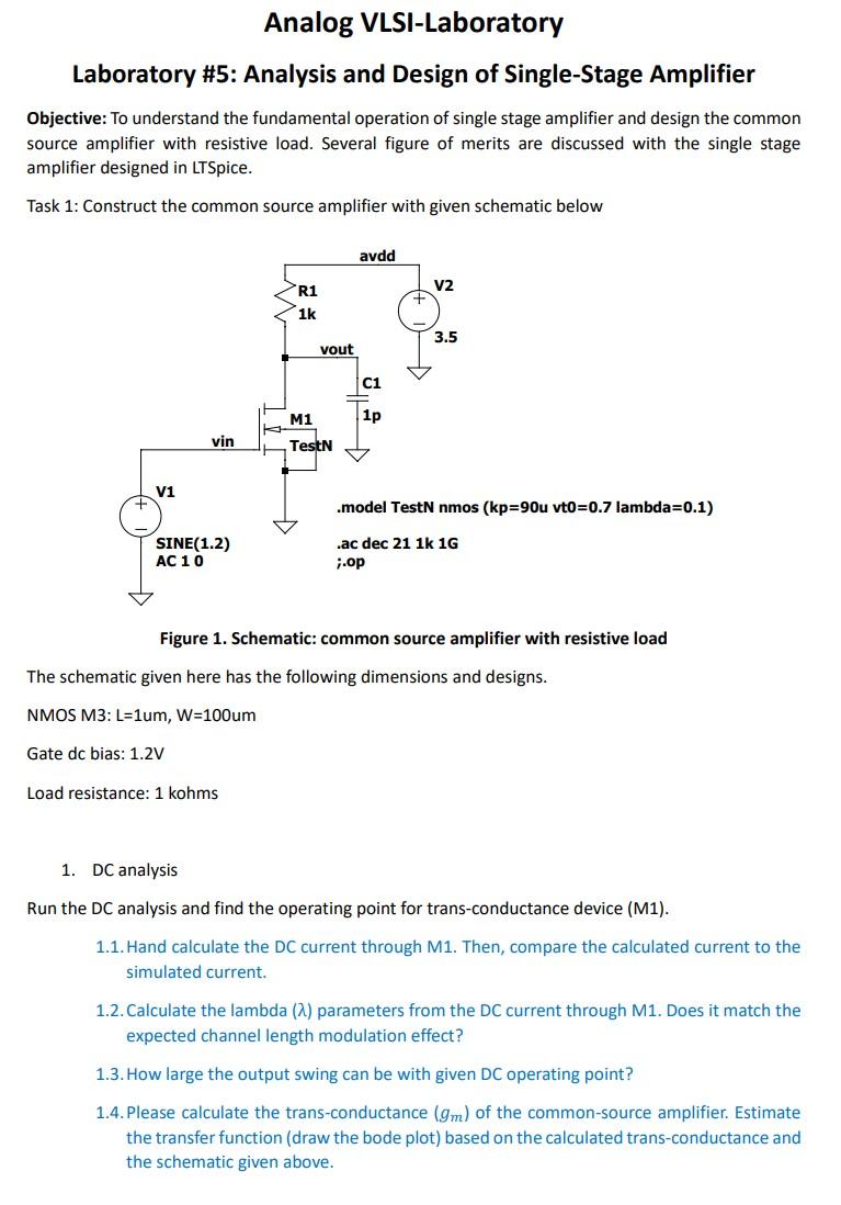 Analog Vlsi Laboratory Laboratory 5 Analysis And Design Of Single Stage Amplifier Objective To Understand The Fundame 1