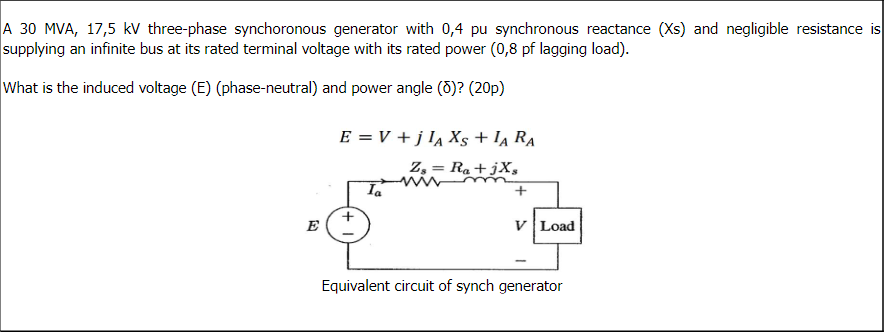 A 30 Mva 17 5 Kv Three Phase Synchoronous Generator With 0 4 Pu Synchronous Reactance Xs And Negligible Resistance Is 1