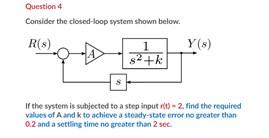 Question 4 Consider The Closed Loop System Shown Below R 8 1 Suk Y8 If The System Is Subjected To A Step Input Rit 1