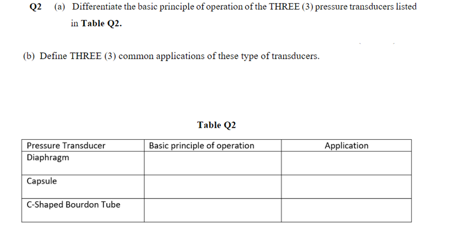 Q2 A Differentiate The Basic Principle Of Operation Of The Three 3 Pressure Transducers Listed In Table Q2 B Defi 1