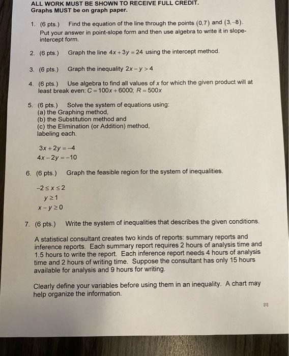 All Work Must Be Shown To Receive Full Credit Graphs Must Be On Graph Paper 1 6 Pts Find The Equation Of The Line 1