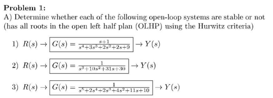 Problem 1 A Determine Whether Each Of The Following Open Loop Systems Are Stable Or Not Has All Roots In The Open Lef 1