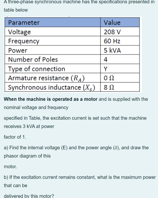 A Three Phase Synchronous Machine Has The Specifications Presented In Table Below Parameter Value Voltage 208 V Frequenc 1