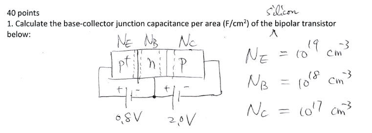 40 Points Silicon 1 Calculate The Base Collector Junction Capacitance Per Area F Cm2 Of The Bipolar Transistor Below 1