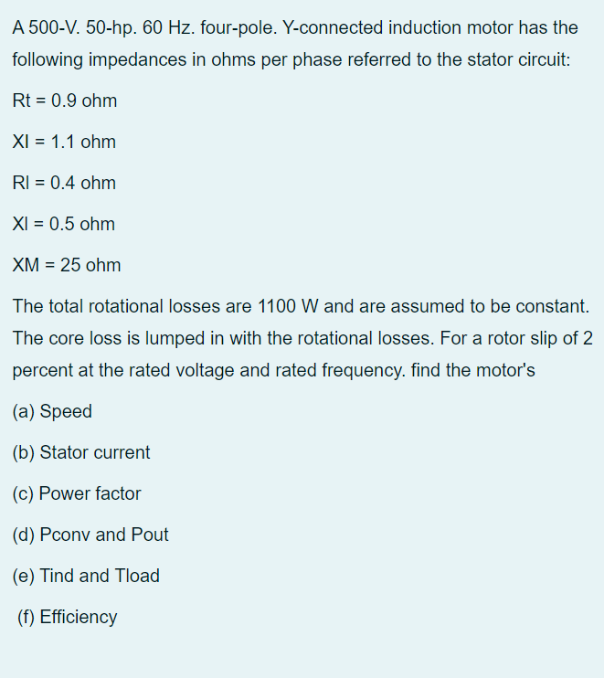 A 500 V 50 Hp 60 Hz Four Pole Y Connected Induction Motor Has The Following Impedances In Ohms Per Phase Referred To 1