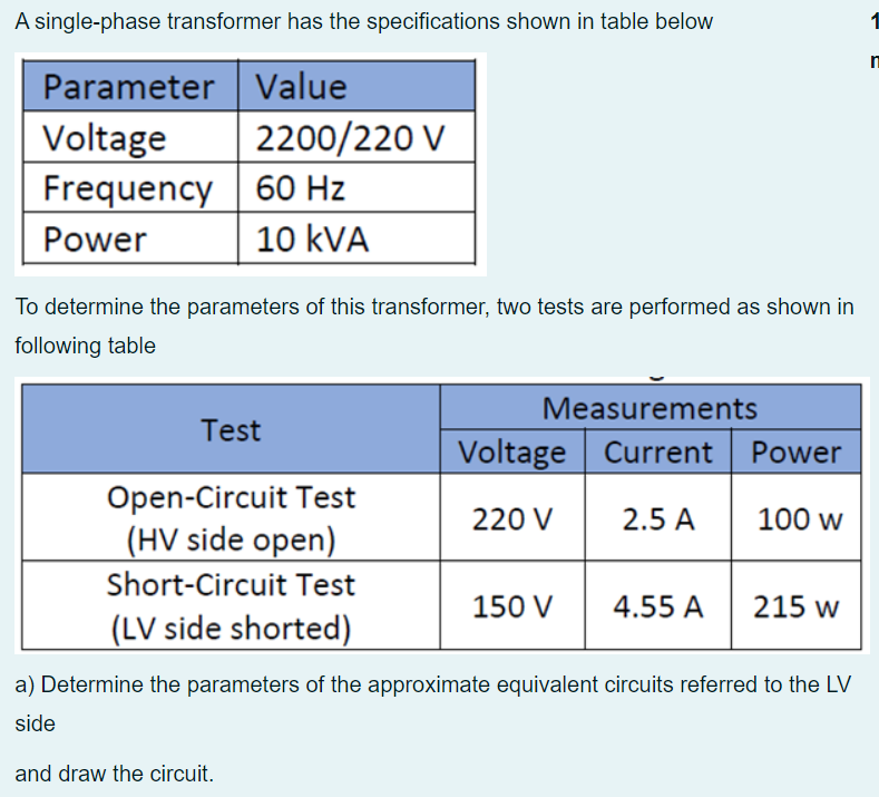 A Single Phase Transformer Has The Specifications Shown In Table Below N Parameter Value Voltage 2200 220 V Frequency 60 1