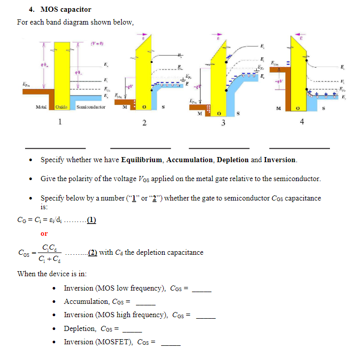 4 Mos Capacitor For Each Band Diagram Shown Below V F E E Le F Metal Oxide Seoniconductor M 0 M 0 M S 1 2 3 4 Speci 1