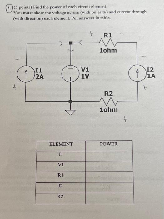 5 Points Find The Power Of Each Circuit Element You Must Show The Voltage Across With Polarity And Current Through 1