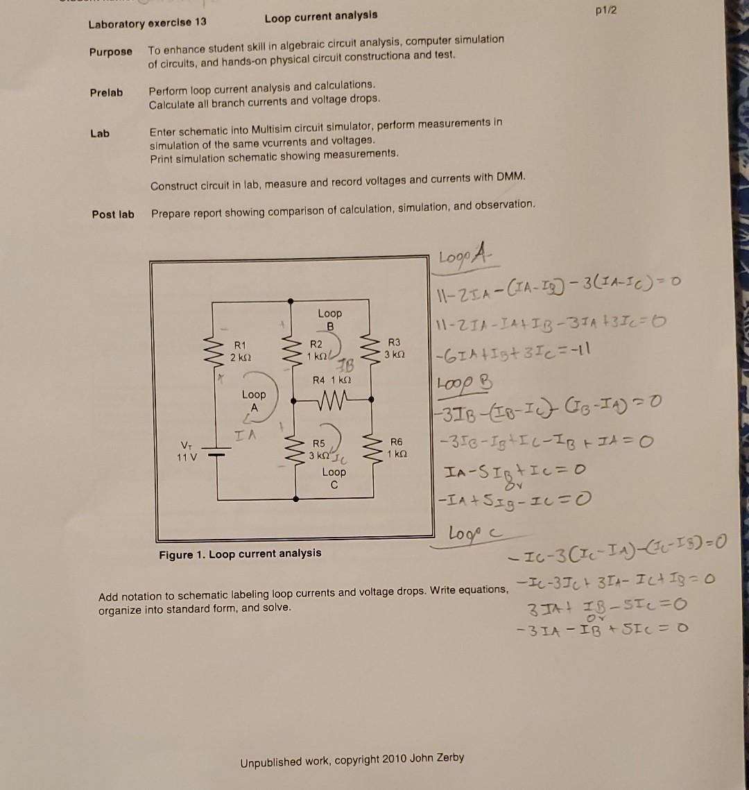 P1 2 Laboratory Oxercise 13 Loop Current Analysis Purpose To Enhance Student Skill In Algebraic Circuit Analysis Comput 1