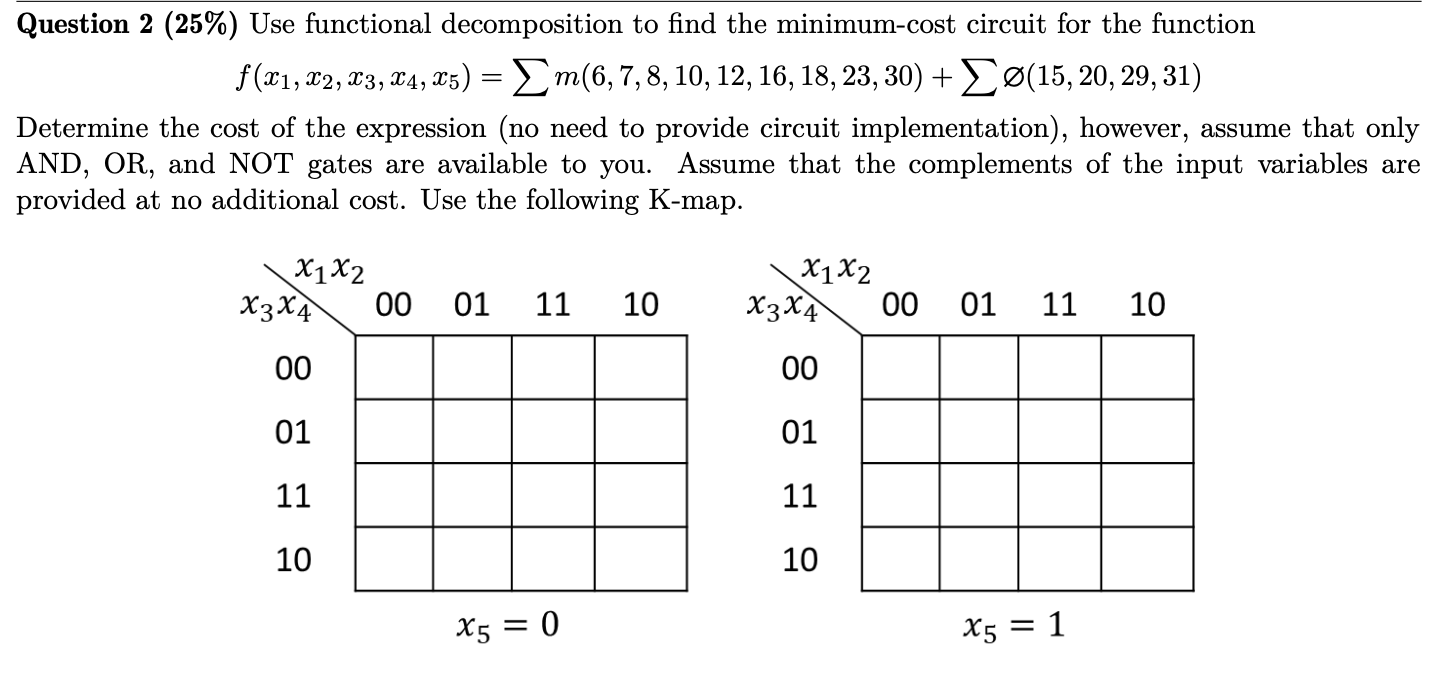 M Question 2 25 Use Functional Decomposition To Find The Minimum Cost Circuit For The Function F X1 22 23 24 2 1