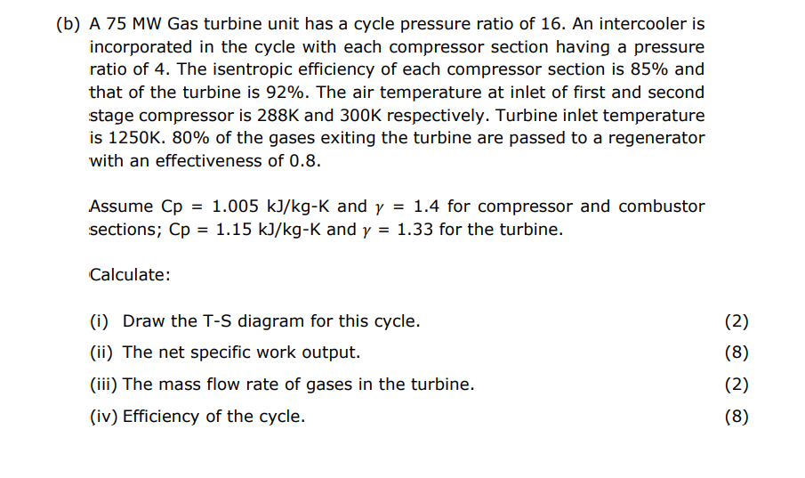 B A 75 Mw Gas Turbine Unit Has A Cycle Pressure Ratio Of 16 An Intercooler Is Incorporated In The Cycle With Each Com 1