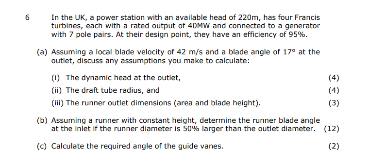 6 In The Uk A Power Station With An Available Head Of 220m Has Four Francis Turbines Each With A Rated Output Of 40mw 1