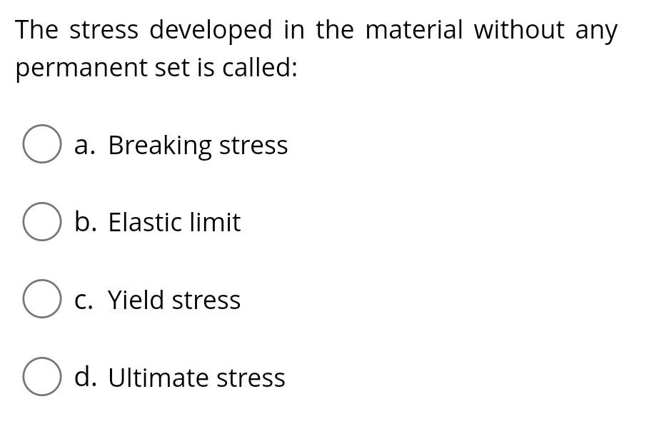 The Stress Developed In The Material Without Any Permanent Set Is Called O A Breaking Stress O B Elastic Limit O C Y 1
