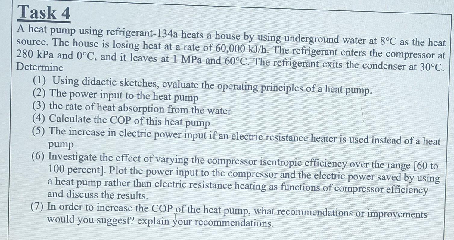 A Task 4 A Heat Pump Using Refrigerant 134a Heats A House By Using Underground Water At 8 C As The Heat Source The Hous 1