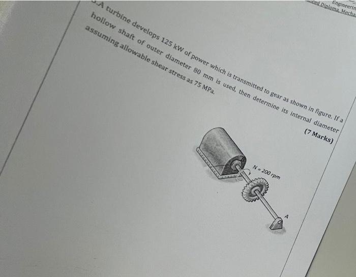 Engineerin Ced Diploma Mecha A Turbine Develops 125 Kw Of Power Which Is Transmitted To Gear As Shown In Figure Ifa Ho 1