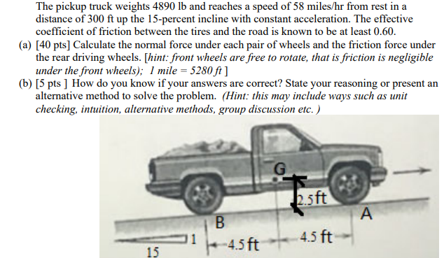The Pickup Truck Weights 4890 Lb And Reaches A Speed Of 58 Miles Hr From Rest In A Distance Of 300 Ft Up The 15 Percent 1